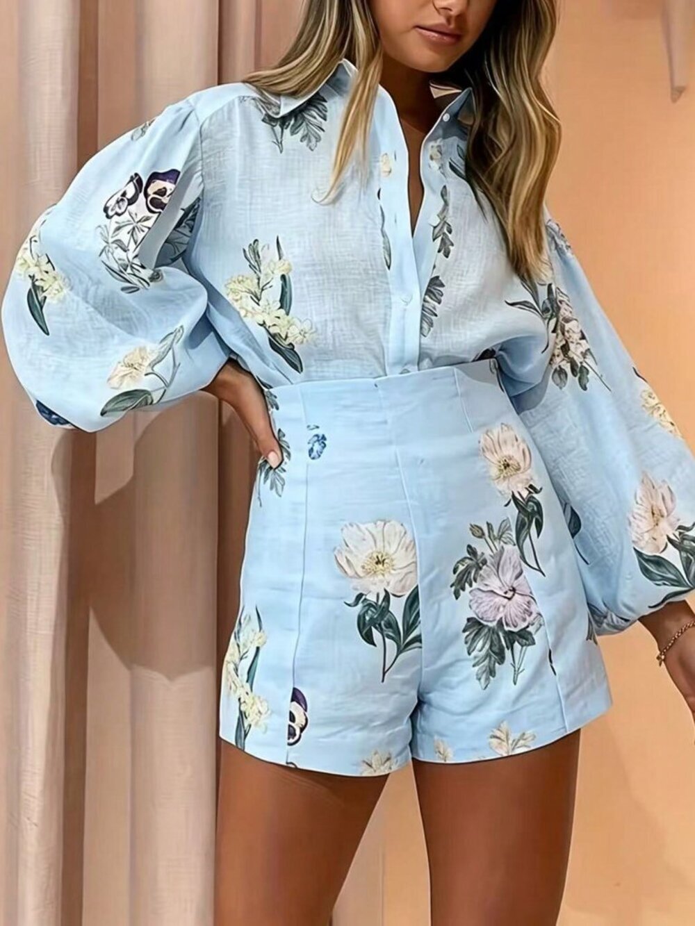 Blue Elegant Women's  Floral Print Lantern Sleeve Shirt And Mid-Waist Shorts